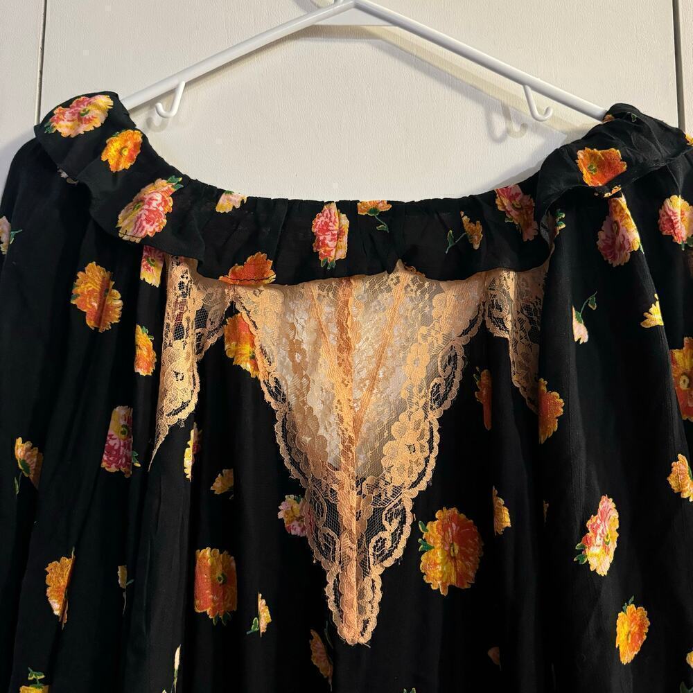 Intimately Free People Poppy Printed Bodysuit Floral Lace Trim Black Size Large - Picture 5 of 9